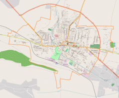 Mapa konturowa Żółkwi, w centrum znajduje się punkt z opisem „kościół Świętego Wawrzyńca”