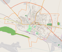 Mapa konturowa Żółkwi, blisko centrum na prawo znajduje się punkt z opisem „Żółkiew, cerkiew Świętych Apostołów Piotra i Pawła”