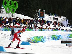 Spillane racing for his third silver during the 10 km individual large hill event 2010 Winter Olympics Johnny Spillane in nordic combined LH10km.jpg
