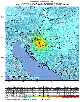 Эпицентр землетрясения в Петрине 29 декабря 2020 года (Снимок USGS)