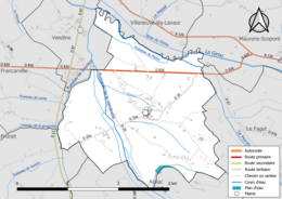 Carte en couleur présentant le réseau hydrographique de la commune