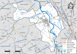 Carte en couleur présentant le réseau hydrographique de la commune