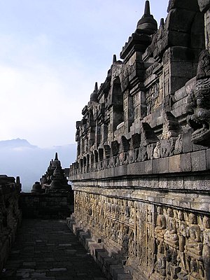 The murals on the wall of Borobudur, central Java, Indonesia.