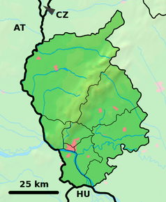 Mapa konturowa kraju bratysławskiego, po lewej nieco u góry znajduje się punkt z opisem „Bogdalický vrch”