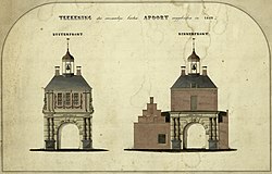 Schematische weergave van buiten- en binnenzijde van de gesloopte Buiten-Apoort (G. Kater Jzn, 1860)