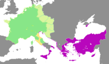 Carolingian (green) and Byzantine (purple) Empires in the early 9th century Carolingian and Eastern Roman empires 814.png