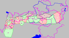 Central Eastern Alps ranges (purple lines showing international borders and borders of Austrian states):Prealps East of the Mur (1) * Lavanttal Alps (2) * Low Tauern (3) * Gurktal Alps (4) * High Tauern (5) * Kitzbühel Alps (6) * Zillertal Alps (7) * Tux Alps (8) * Stubai Alps (9) * Sarntal Alps (10) * Ötztal Alps (11) * Samnaun Alps (12) * Verwall Alps (13) * Rätikon (14) * Silvretta Alps (15) * Sesvenna (16) * Albula Alps (17) * Plessur Alps (18) * Oberhalbstein Alps (19) * Livigno Alps (20) * Bernina (21) * Bergamo Alps (22)