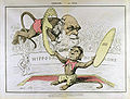 Caricatura por André Gill de Charles Darwin e Émile Littré, descrito como macacos em um circo rompendo com a credulidade, superstições, erros e ignorância (18 de agosto de 1878).
