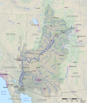 Kaart van die Coloradorivier-bekken in Noord-Amerika.