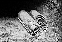 Two Dead Sea Scrolls in the cave they were found, before being removed by archaeologists Dead Sea Scrolls Before Unraveled.jpg