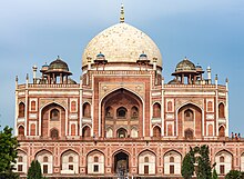 Humayun's Tomb, with exterior iwans, four-centred pointed arches, and a central bulbous dome visible Delhi 267.jpg
