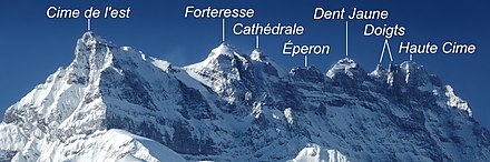 Plan rocheux vertical en forme de dents recouvert de neige. Le nom des montagnes figure en blanc au-dessus de chaque pic. De gauche à droite : la cime de l'Est, la Forteresse, la Cathédrale, l'Éperon, la dent Jaune, les Doigts et la Haute Cime.