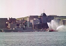 HMCS Athabaskan departing Halifax for the Persian Gulf as part of the Coalition forces. Canada deployed three ships in support of Operation Desert Shield, and later Operation Desert Storm HMCS ATHABASKAN F-282, Halifax NS, August 1990. (5499564589).jpg