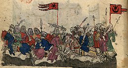 A medieval manuscript illustration showing soldiers fighting a melée, with one side distinguished by turbans and a red flag carrying a crescent and star and the other side wearing armored face coverings under a red flag carrying a six-pointed star