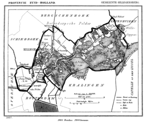 Kaart vaan de gemeinte Hillegersberg in 1867. De pole die me zuut, woorte later gooddeils druuggelag; zuug de hoofteks.