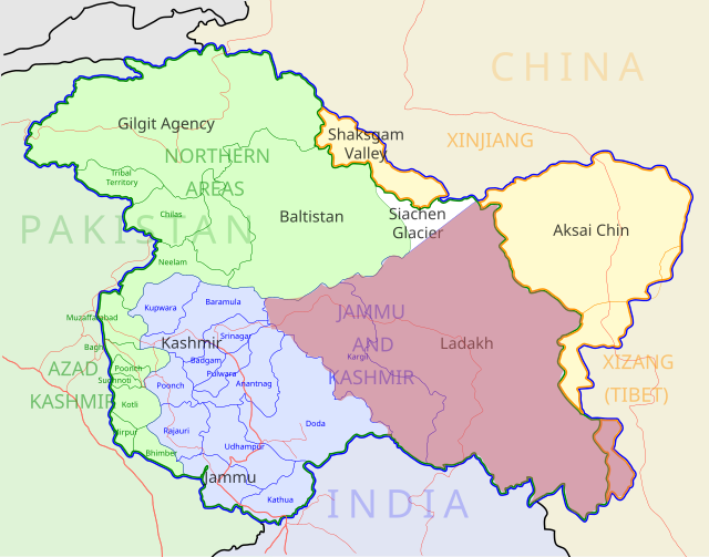 Mapa político de Caxemira com o Ladaque indiano em cor de rosa