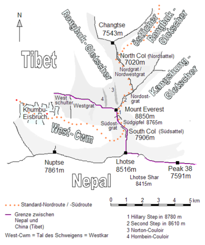 Location of Mount Everest, Sothern Col, and Hillary Step