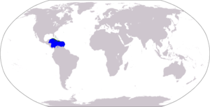 მსოფლიო რუკა კარიბებით: ლურჯი = კარიბის ზღვა მწვანე = ვესტ-ინდოეთი