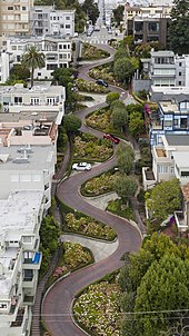 Lombard Street in Russian Hill is famed as "the most crooked street in the world." Lombard Street 2020.jpg