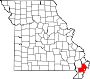 Harta statului Missouri indicând comitatul New Madrid