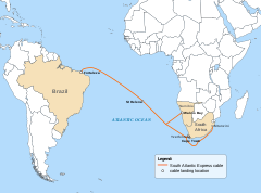 Route of the SAex submarine cable as planned in 2014[1]