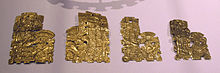 Messico, toltechi-aztechi, ornamenti del serpente piumato, XI-XV sec, oro sbalzato.JPG