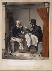 Hommes politiques dans un restaurant d'huîtres, lithographie coloriée à la main, 1857.