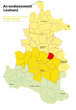 Lage der Gemeinde im Arrondissement_Louhans (anklickbare Karte)