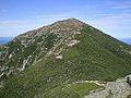 Mount Lafayette as viewed from the Franconia Ridge. Hikers are visible hiking through the krummholz at the col.