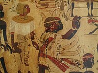 Nubian Prince Hekanefer bringing tribute for King Tut, 18th dynasty, Tomb of Huy.jpg