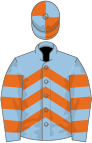 Light blue, orange chevrons, hooped sleeves, orange and light blue quartered cap