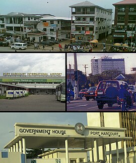 Top: A street scene in Port Harcourt Middle: فرودگاه بین‌المللی پورت هارکورت، The City Center Bottom: Government House, Port Harcourt