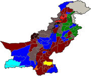 Partis arrivés en tête dans les districts : Parti du peuple pakistanais Ligue musulmane du Pakistan (N) Ligue musulmane du Pakistan (Q) Mouvement Muttahida Qaumi Parti national Awami Jamiat Ulema-e-Islam (F) Ligue musulmane du Pakistan (F) Parti national baloutche (A) Indépendants