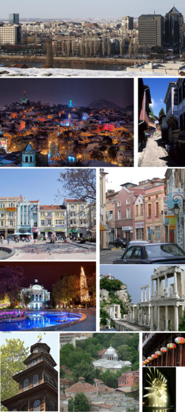 From top, left to right:\nHills of Plovdiv • Ancient theatre • Ancient stadium • Historical Museum • Hisar Kapia • Ethnographic Museum • Tsar Simeon's garden •