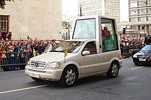 Pope Benedict XVI and Popemobile during the official visit in Sao Paulo Popemobil Mai 2007.jpg