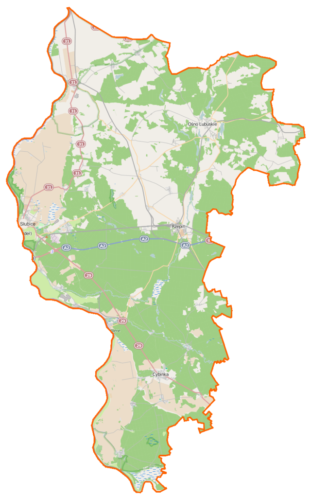 Mapa konturowa powiatu słubickiego, blisko lewej krawiędzi znajduje się punkt z opisem „Słubice”