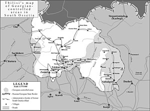 Hatched shading shows Georgian-controlled areas in South Ossetia in June 2007 (according to Tbilisi, Georgia).