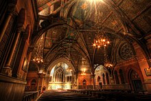 Sage Chapel on the Cornell campus hosts religious services and concerts and is the final resting place of Ezra Cornell, the university's founder. Sage Chapel, HDR.jpg