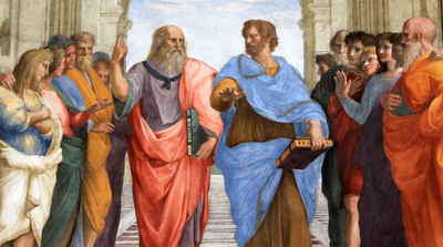 The ideas of Aristotle and Plato, shown in Raphael's The School of Athens, were partly lost to Western Europeans for centuries. Sanzio 01 cropped.png