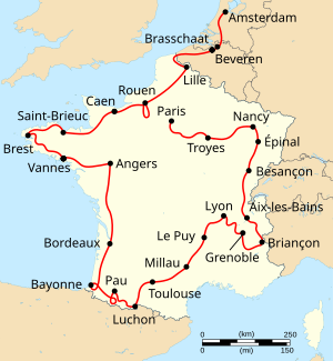 Route of the 1954 Tour de FranceFollowed counterclockwise, starting in Amsterdam and finishing in Paris