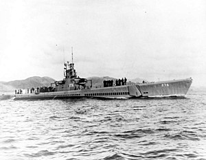 Sawfish (SS-276), probably off Hunter's Point Shipyard near San Francisco CA., following an overhaul in late 1943-early 1944.