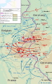 Mapa mostrando a movimentação de tropas durante a Batalha das Ardenas. Bastogne está no meio do mapa.