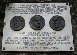 Plaque at the site of the former Swedish Embassy in Budapest, honoring Carl-Ivan Danielsson, Wallenberg and Per Anger