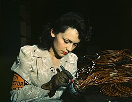 World War II woman aircraft worker, Vega Aircraft Corporation, Burbank, California 1942.jpg