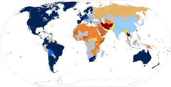 v
t
e
Worldwide laws regarding same-sex intercourse, unions and expression
Same-sex intercourse illegal. Penalties:
.mw-parser-output .legend{page-break-inside:avoid;break-inside:avoid-column}.mw-parser-output .legend-color{display:inline-block;min-width:1.25em;height:1.25em;line-height:1.25;margin:1px 0;text-align:center;border:1px solid black;background-color:transparent;color:black}.mw-parser-output .legend-text{}
Death
Prison; death not enforced
Death under militias
Prison, with arrests or detention
Prison, not enforced
Same-sex intercourse legal. Recognition of unions:
Marriage
Extraterritorial marriage
Civil unions
Limited domestic
Limited foreign
Optional certification
None
Restrictions of expression
Restrictions of association with arrest or detention
Rings indicate local or case-by-case application.
No imprisonment in the past three years or moratorium on law.
Marriage not available locally. Some jurisdictions may perform other types of partnerships. World laws pertaining to homosexual relationships and expression.svg