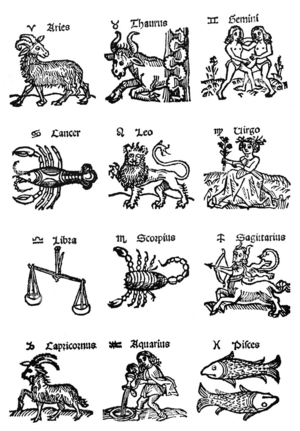 The zodiac signs as shown in a 16th-century wo...
