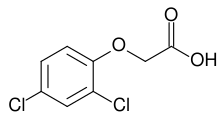 2,4-D, an early synthetic herbicide inspired by the study of auxins, had a profound impact on crop yields, starting in the 1940s. 2,4-Dichlorophenoxyacetic acid structure.svg