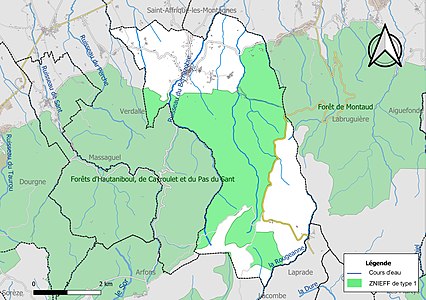 Carte des ZNIEFF de type 1 sur la commune.