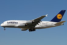 A Lufthansa A380 at its then home base at Frankfurt Airport in 2011. Airbus A380-841, Lufthansa AN1891305.jpg