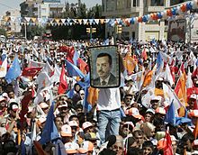 A wall rug of Erdogan at a rally of his party Ak parti miting4.JPG